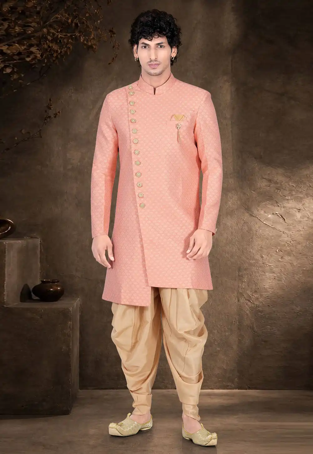 Peach Brocade Indo Western Suit 329898
