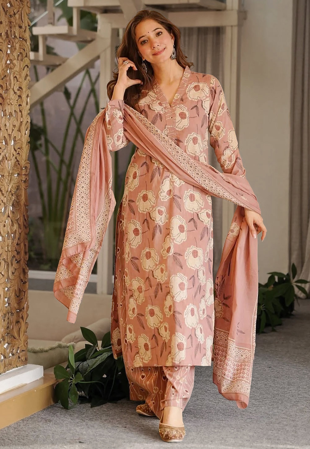 Peach Cambric Cotton Readymade Palazzo Suit 328498
