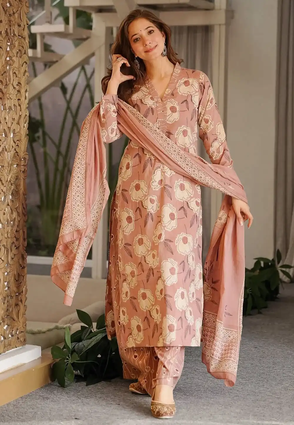 Peach Cambric Cotton Readymade Palazzo Suit 328498