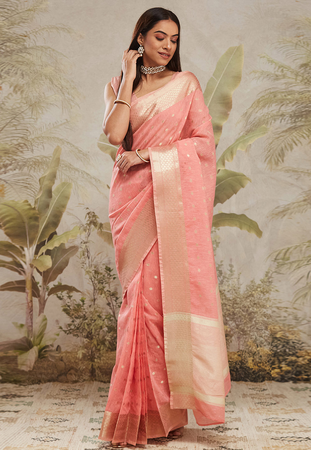 Peach Chanderi Cotton Lehenga Saree 312267
