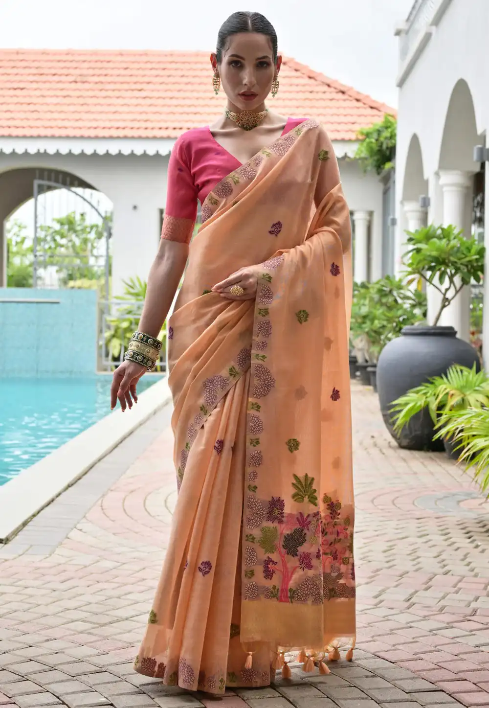 Peach Chanderi Cotton Saree With Blouse 320656