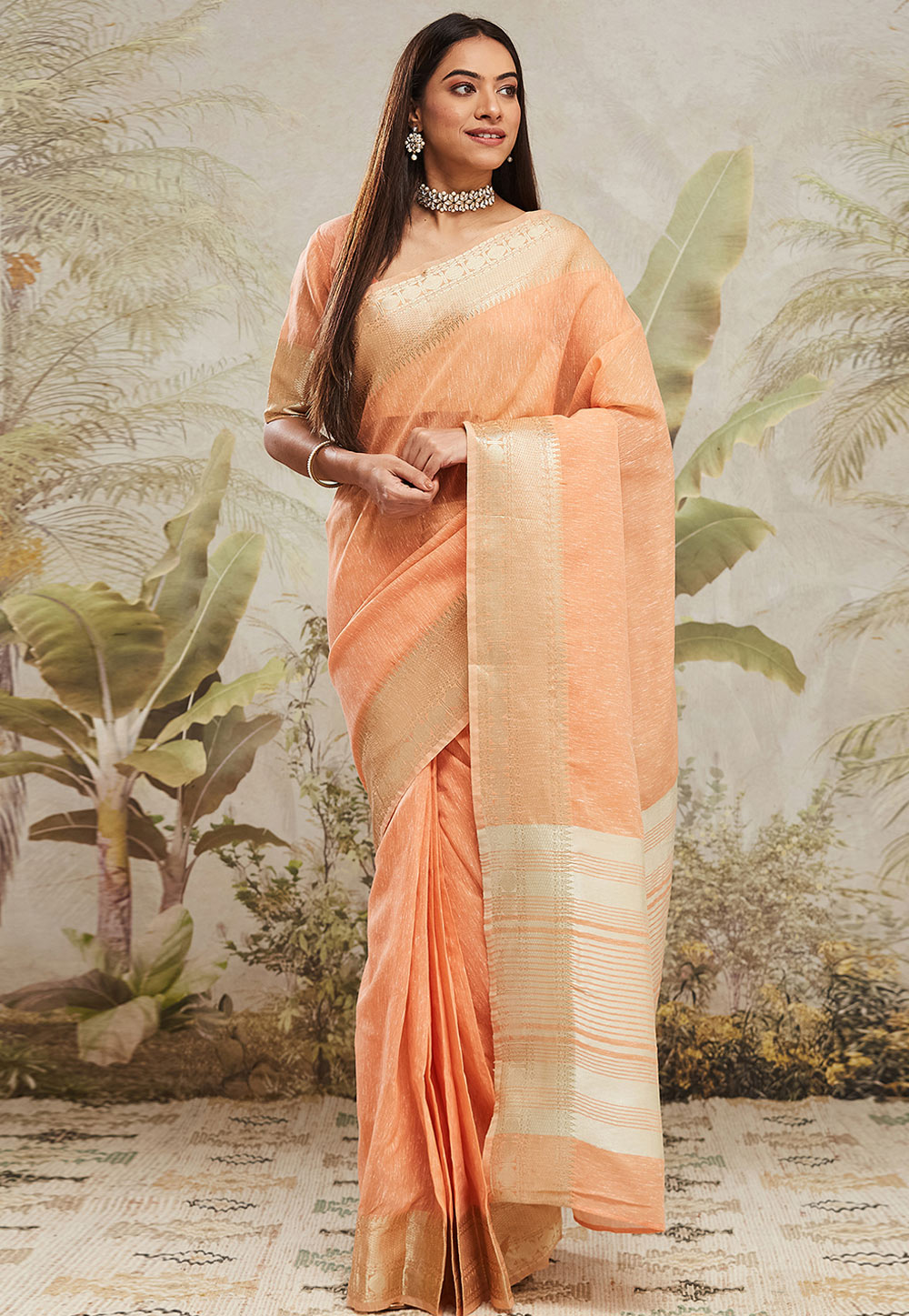 Peach Chanderi Cotton Saree With Blouse 312270