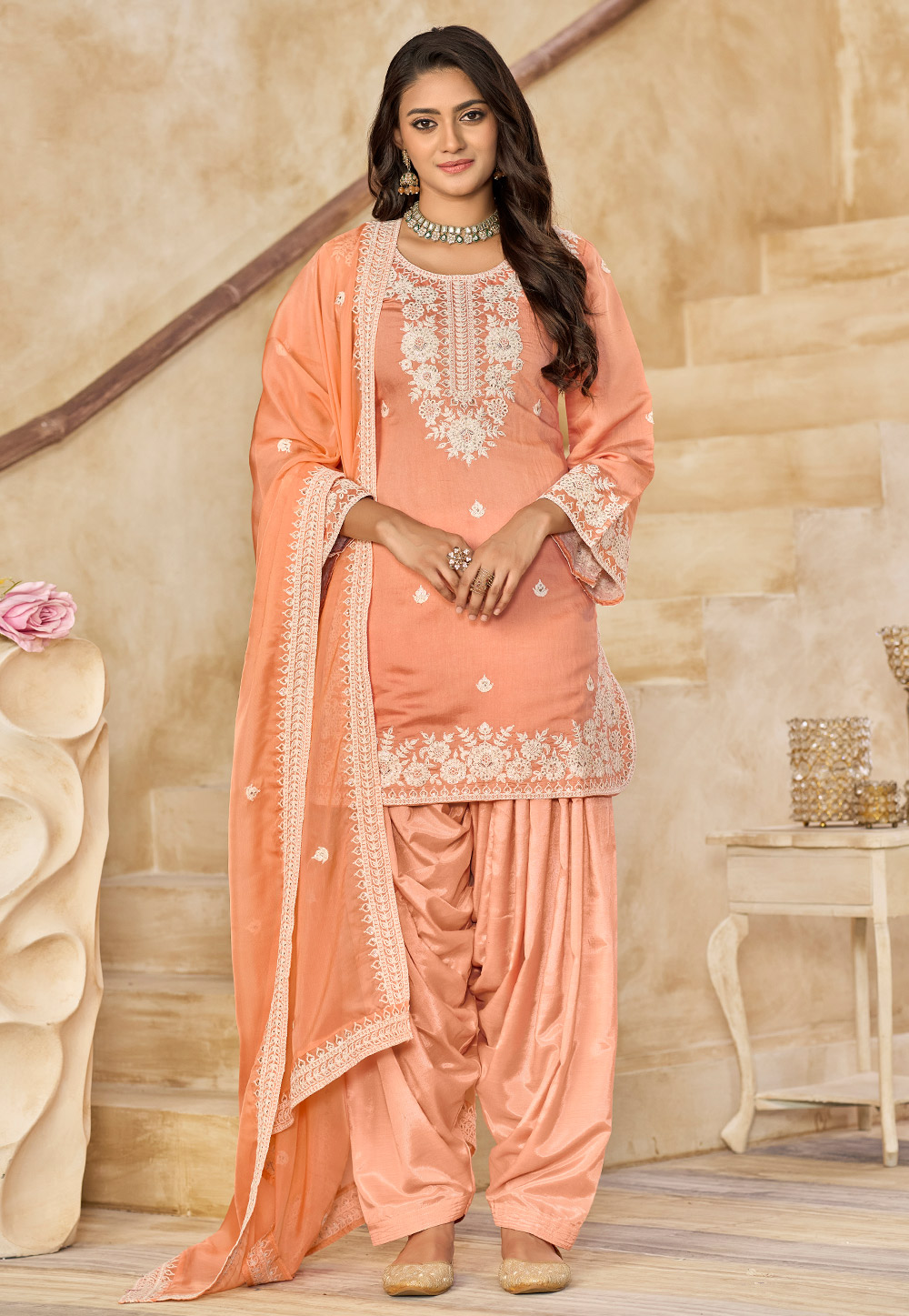Peach Chanderi Punjabi Suit 312557