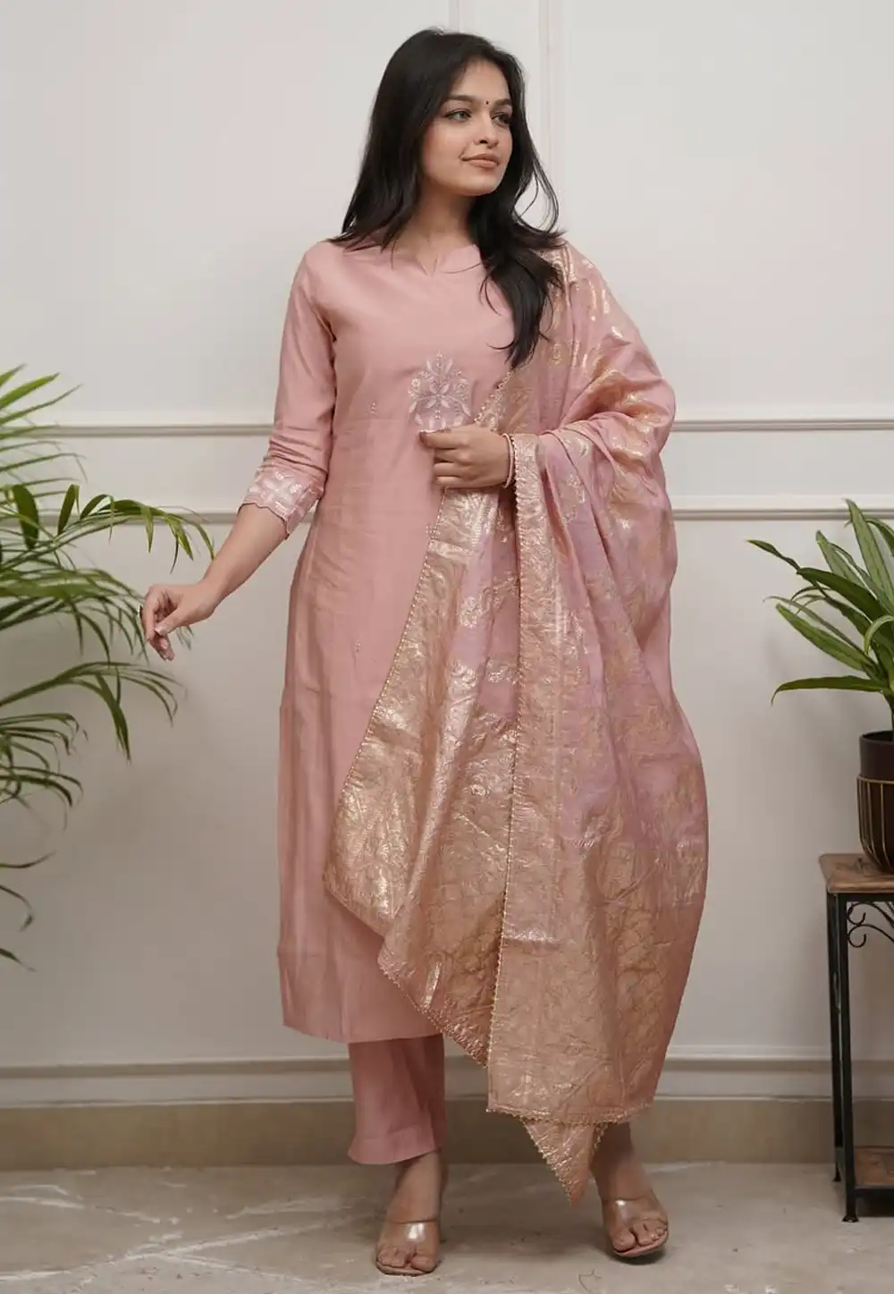 Peach Chanderi Readymade Pakistani Suit 319317
