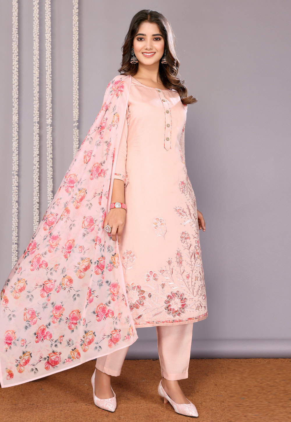 Peach Chanderi Readymade Pant Style Suit 308130