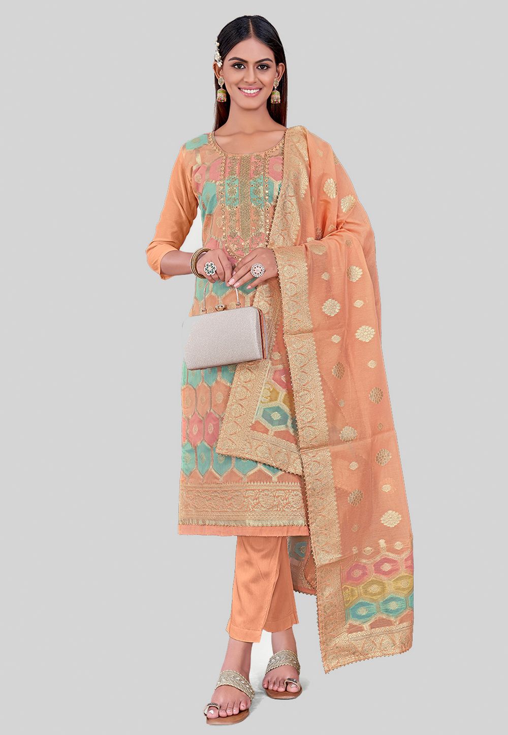 Peach Chanderi Silk Pant Style Suit 284473