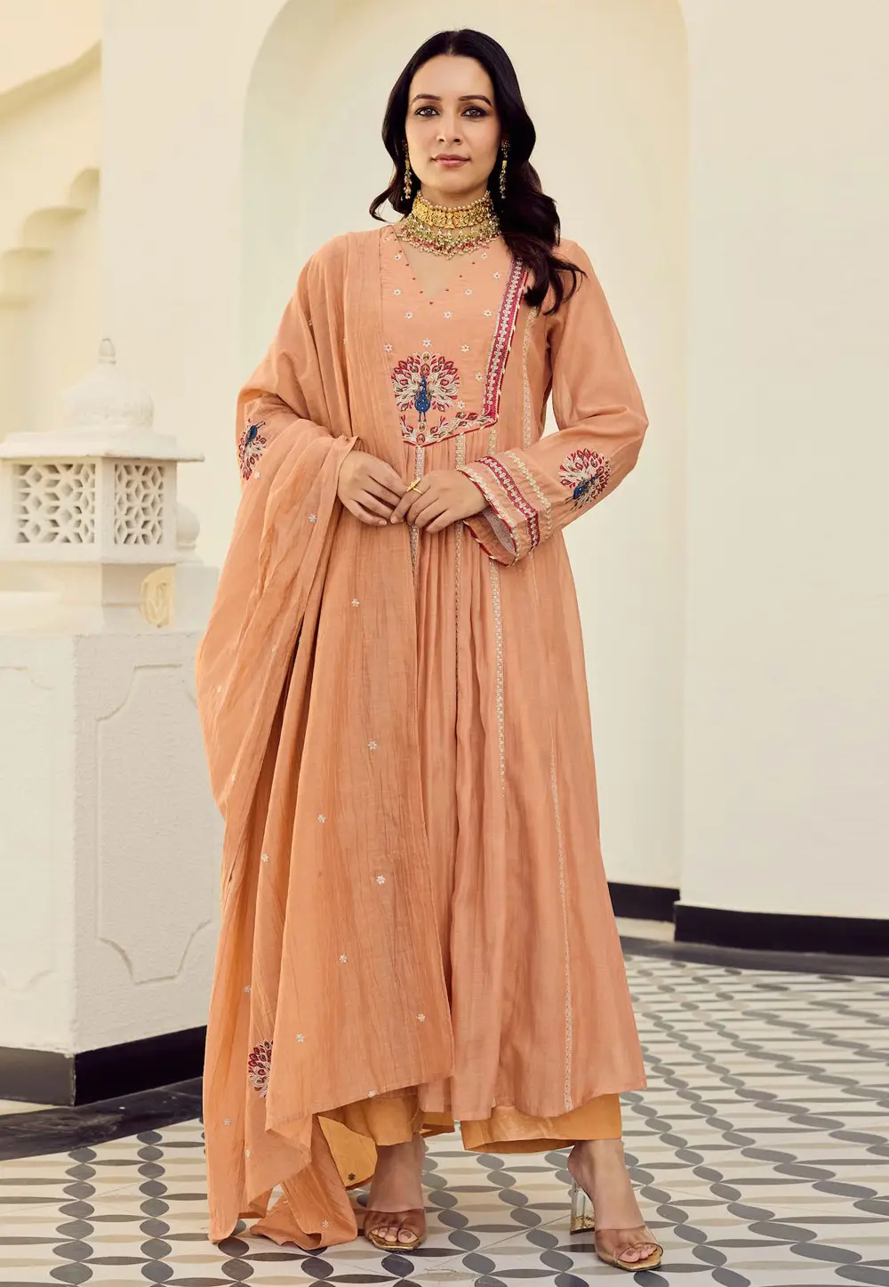 Peach Chanderi Silk Readymade Anarkali Suit 332601