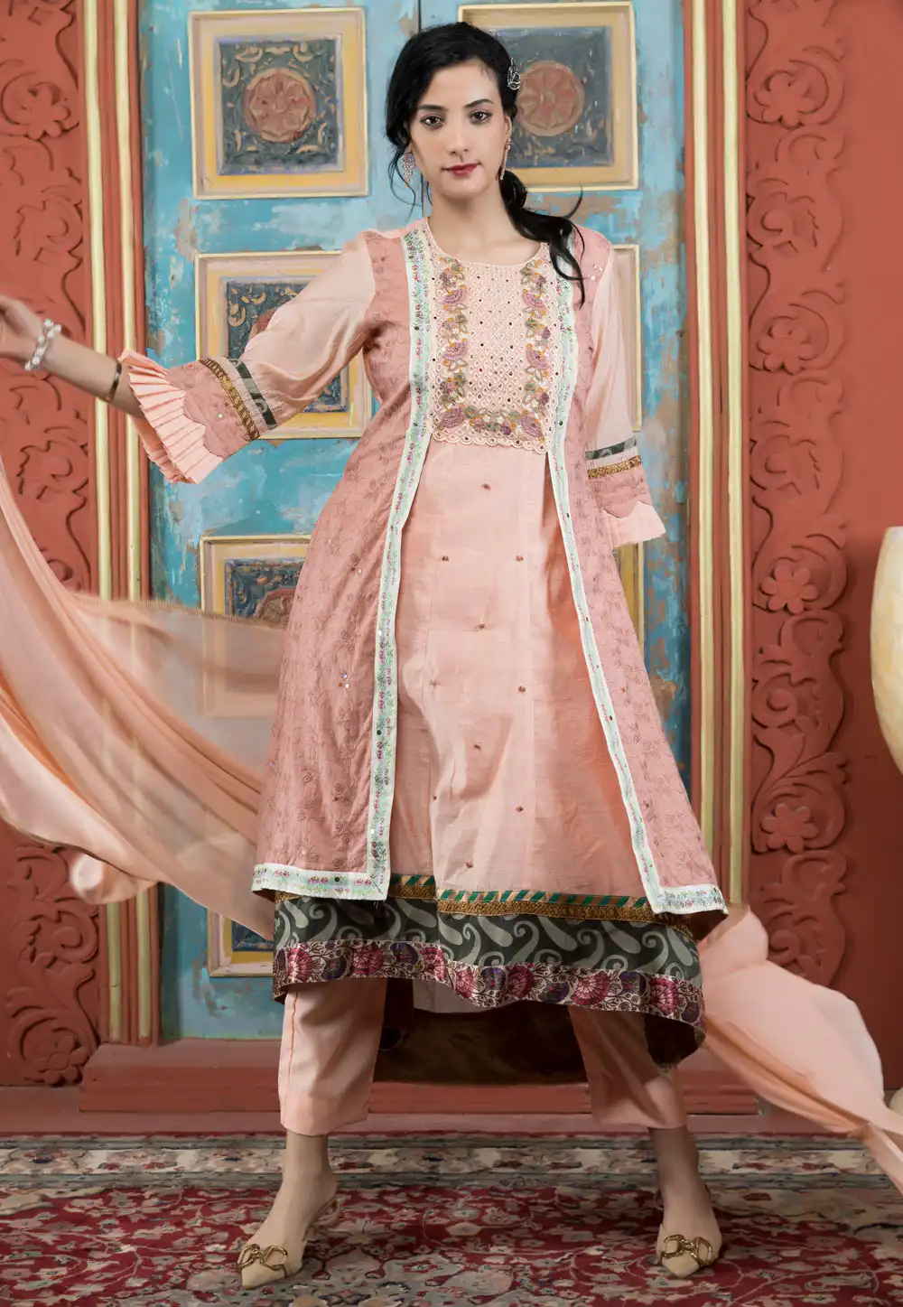 Peach Chanderi Silk Readymade Pant Style Suit 316644
