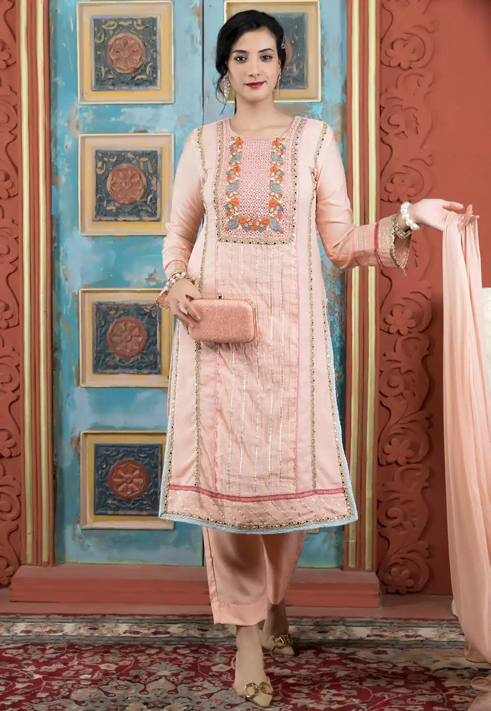 Peach Chanderi Silk Readymade Pant Style Suit 316646