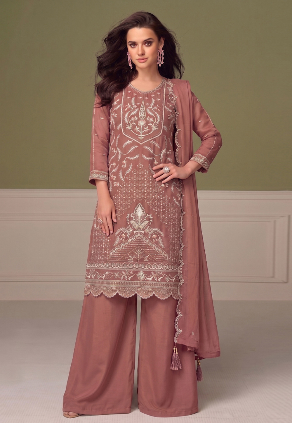 Peach Chiffon Embroidered Palazzo Suit 329788