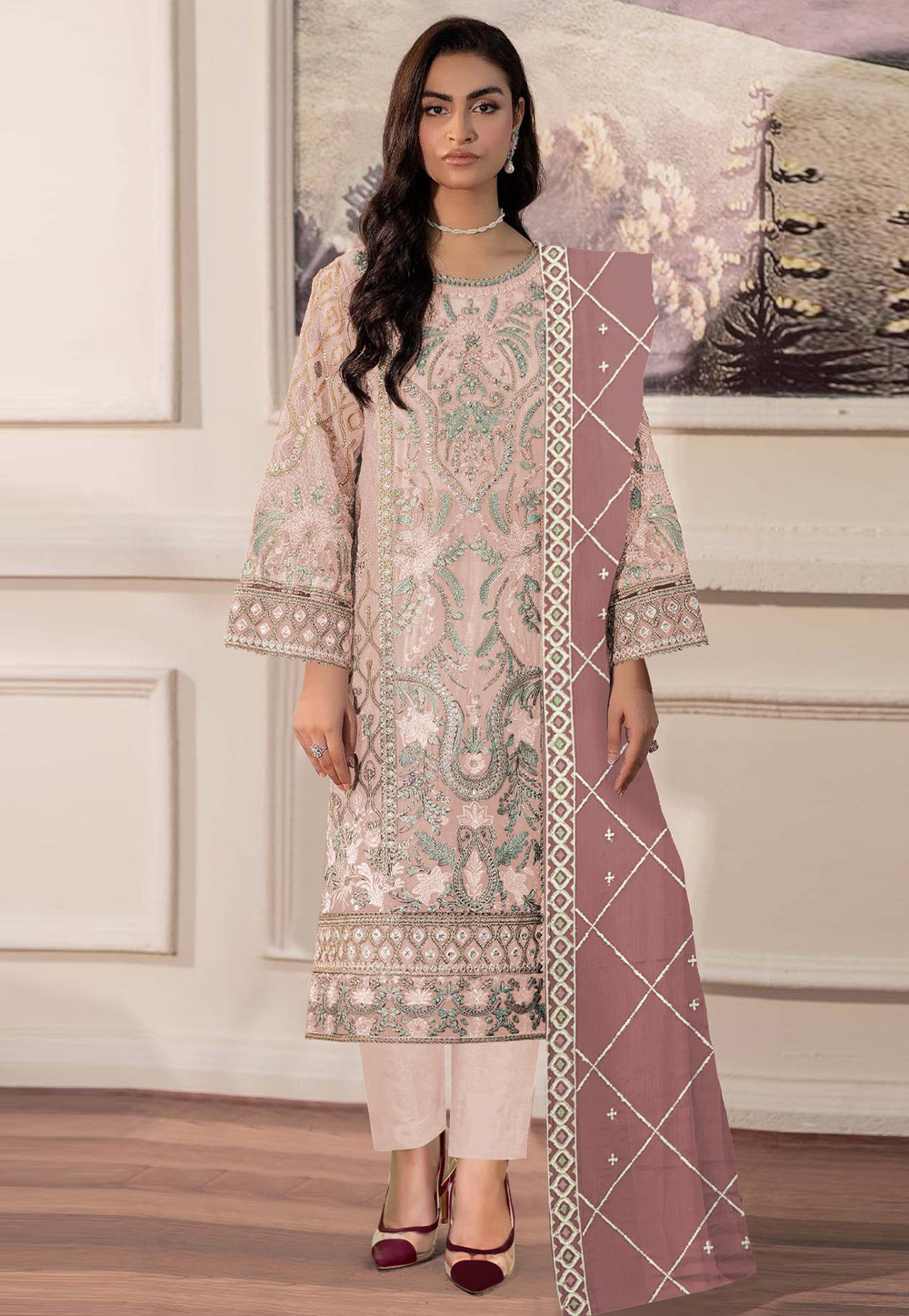Peach Chiffon Pant Style Suit 329636