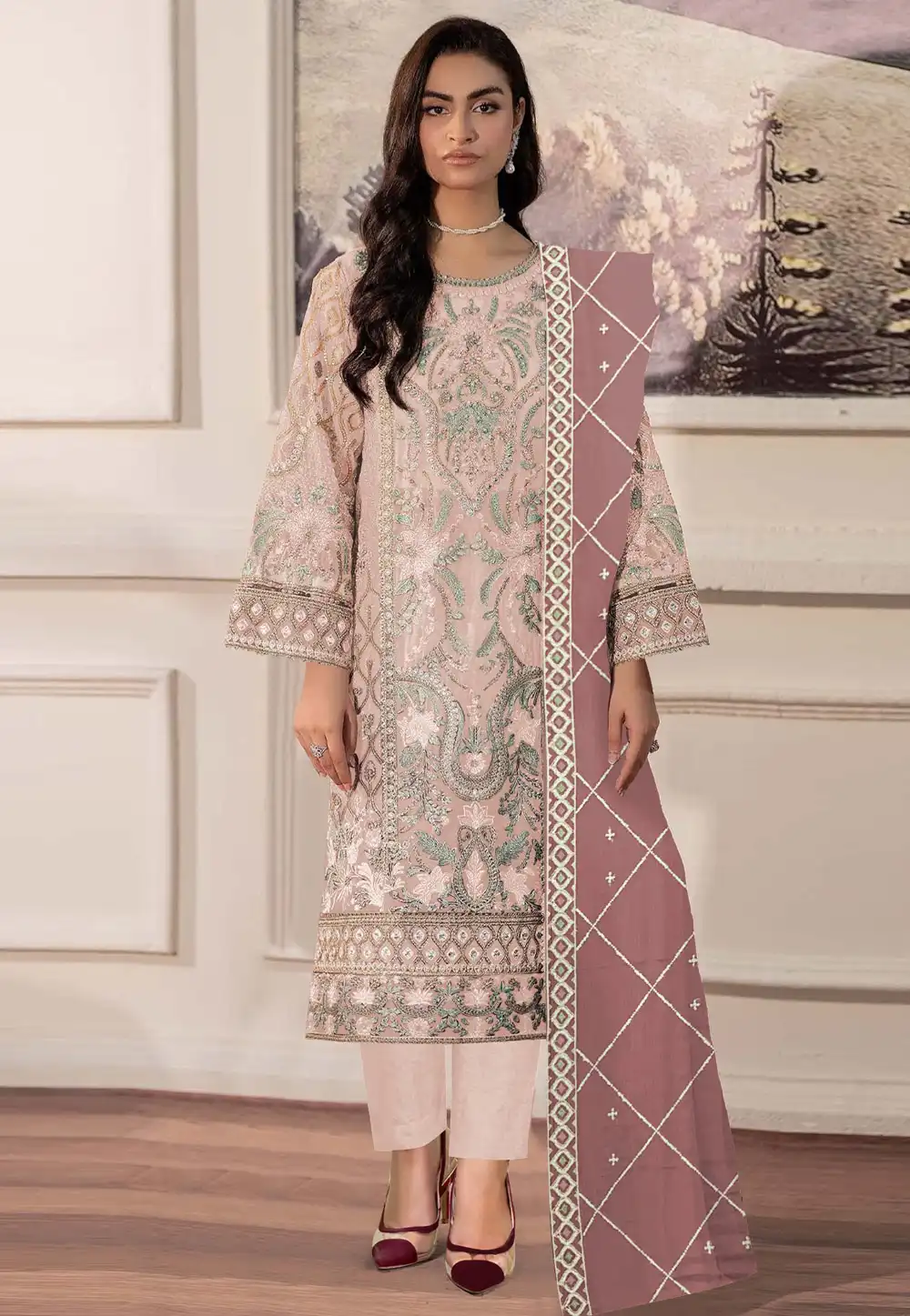 Peach Chiffon Pant Style Suit 329636