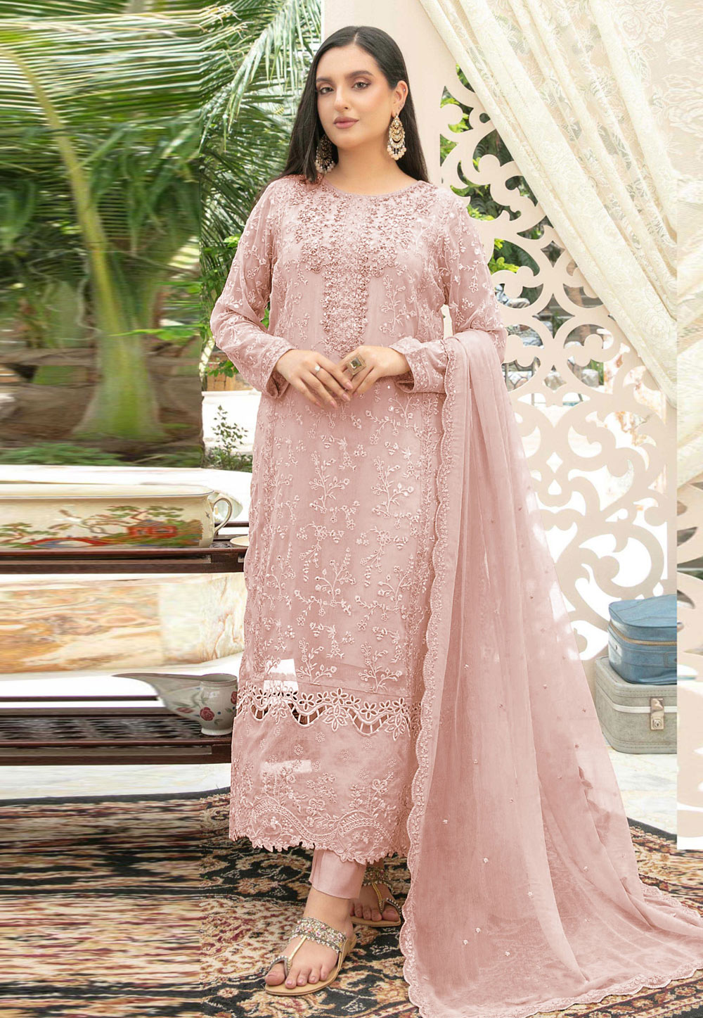 Peach Chiffon Pant Style Suit 329151