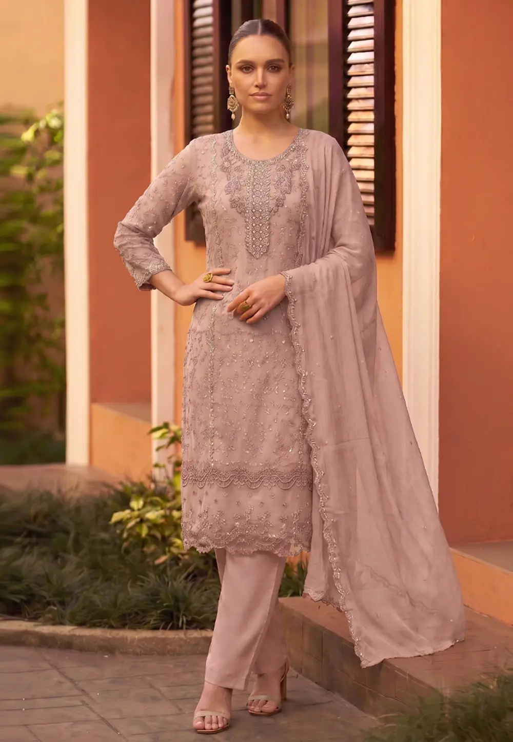 Peach Chiffon Pant Style Suit 332911