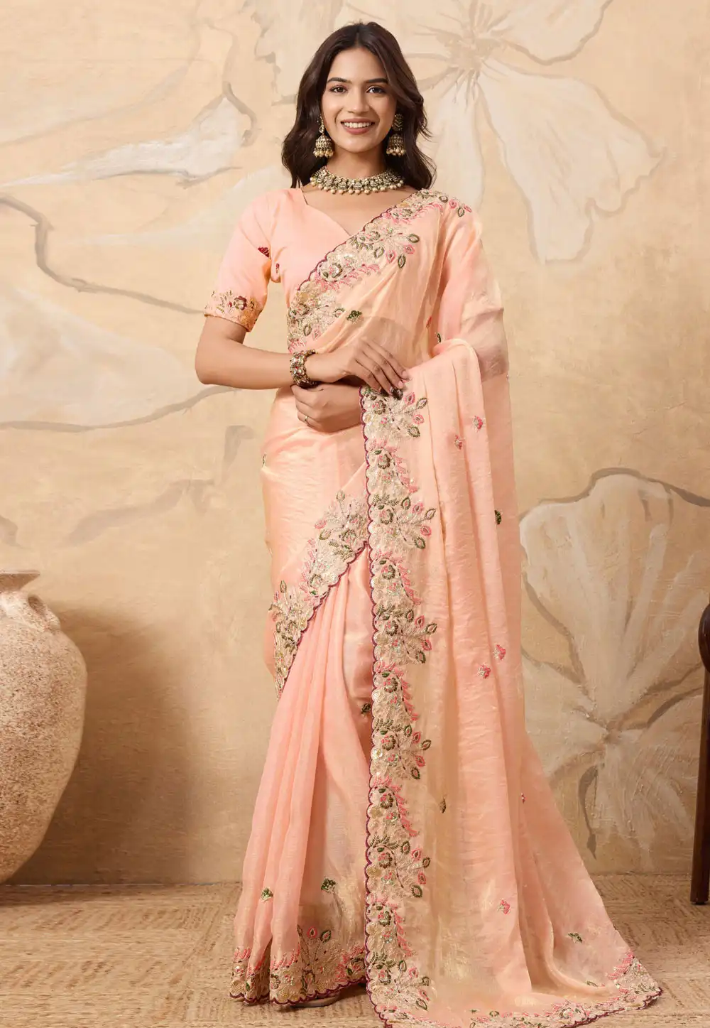 Peach Chiffon Saree With Blouse 319704