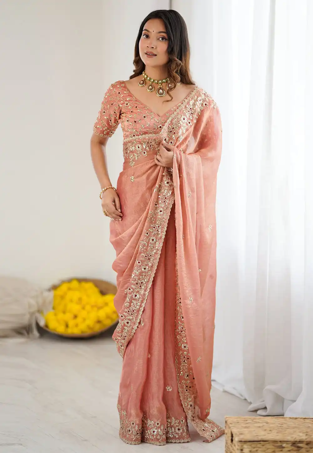 Peach Chiffon Saree With Blouse 321512