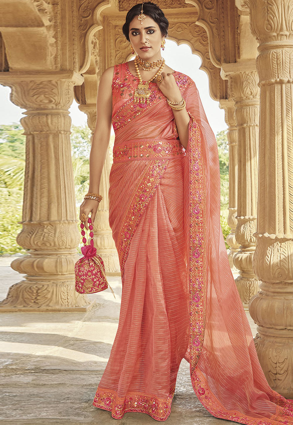 Peach Chiffon Saree With Blouse 279852
