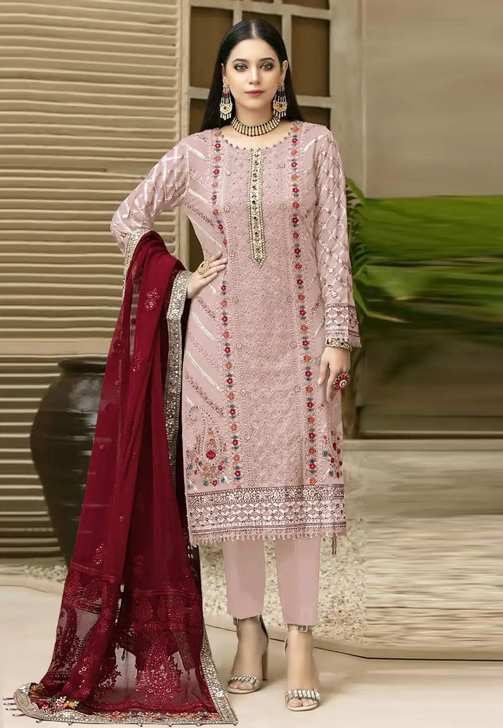 Peach Chiffon Straight Suit 329687
