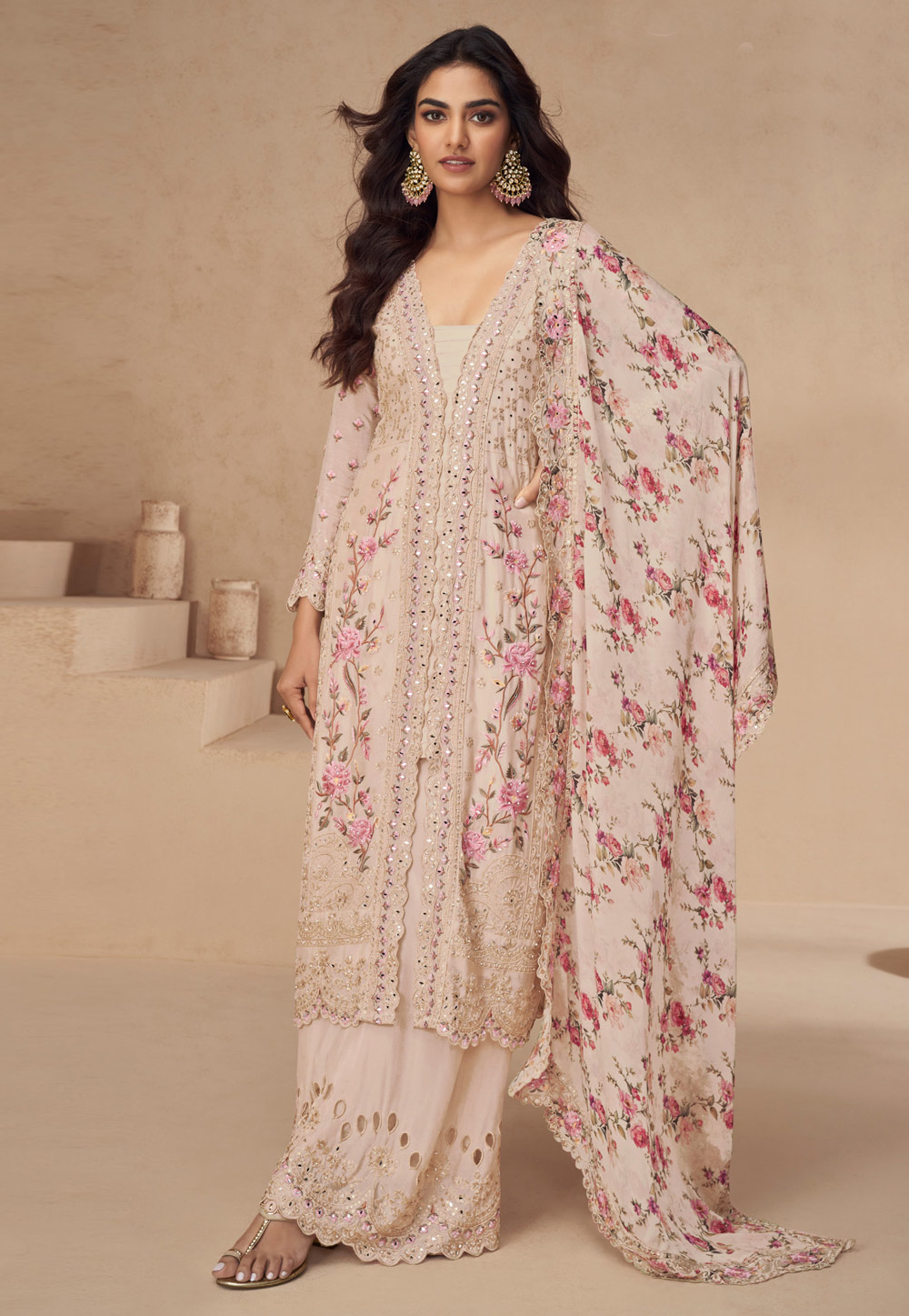 Peach Chinon Embroidered Pakistani Suit 308316