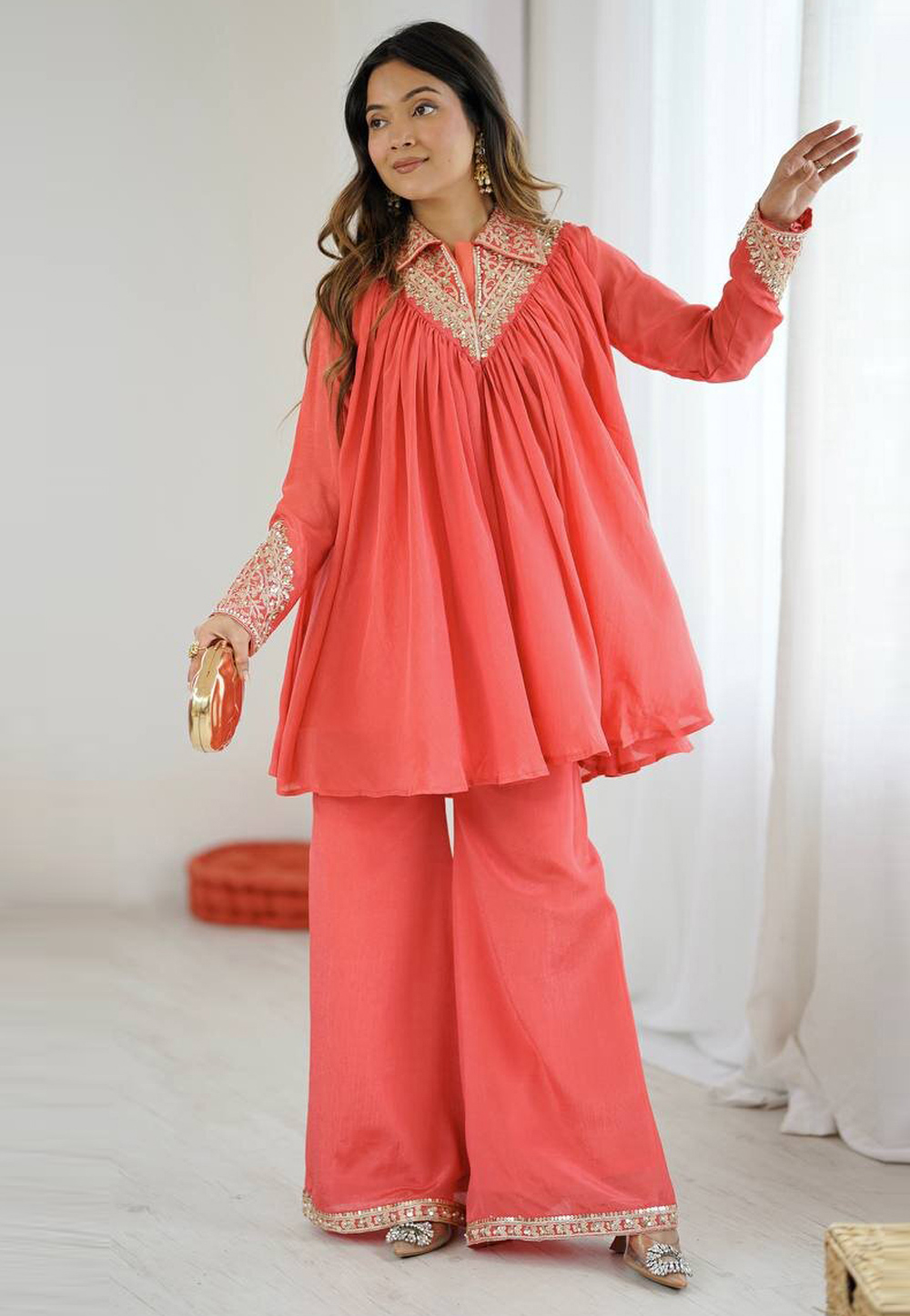 Peach Chinon Kurta Set With Palazzo 329994
