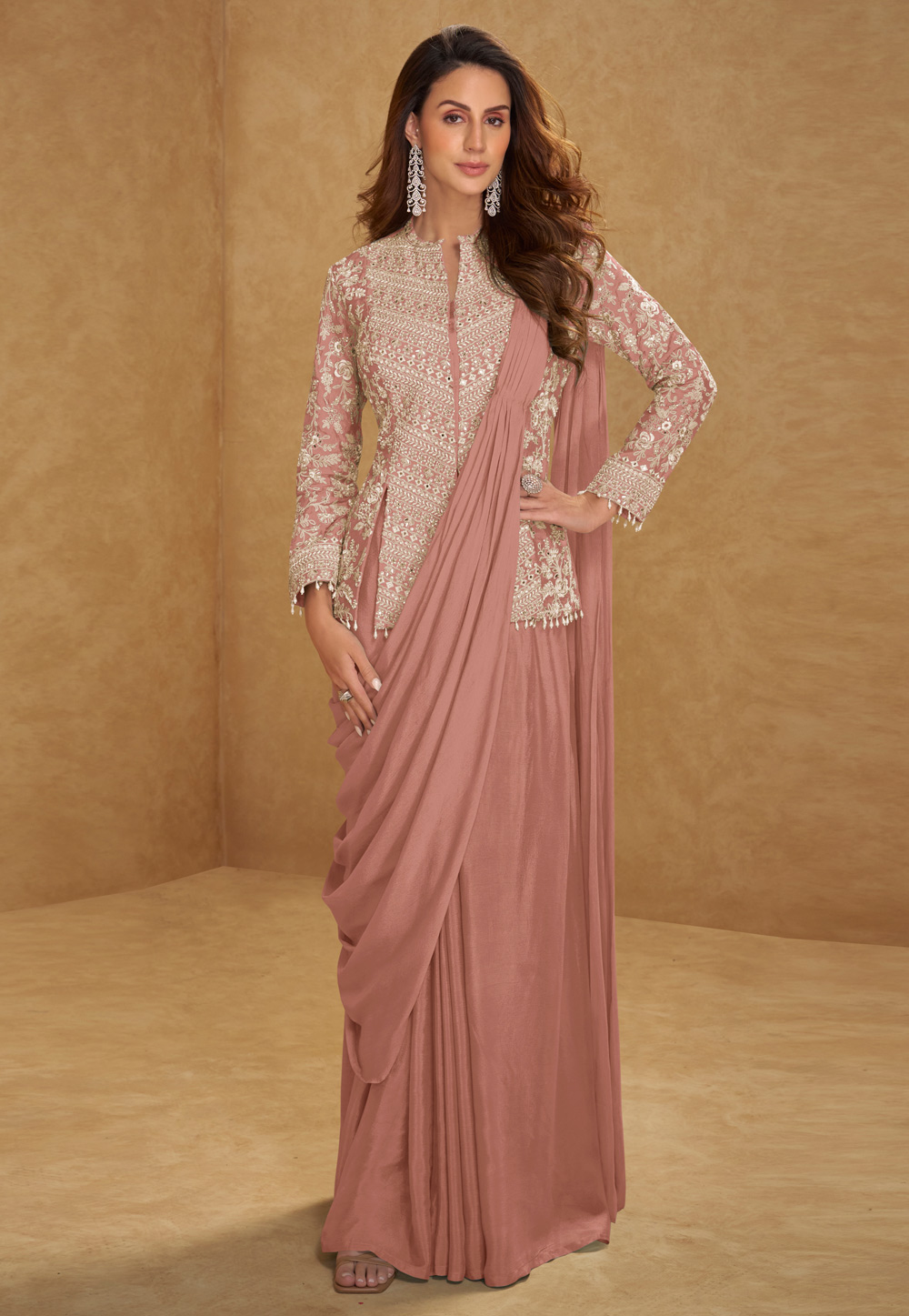 Peach Chinon Lehenga Saree 322790