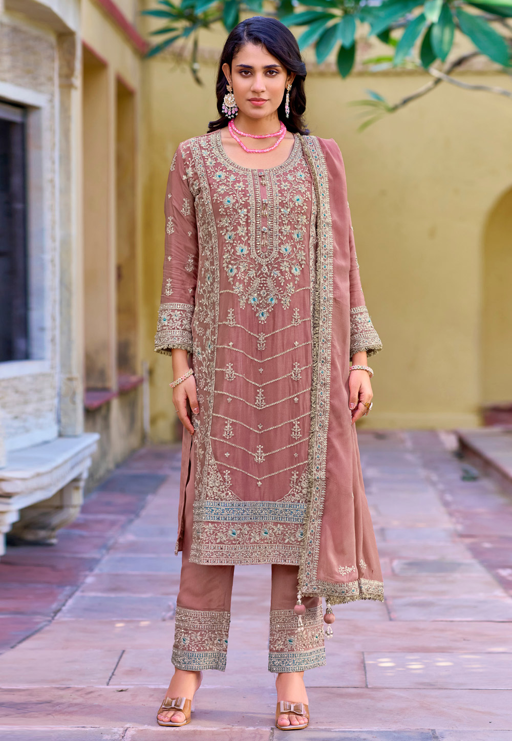 Peach Chinon Pant Style Suit 307343
