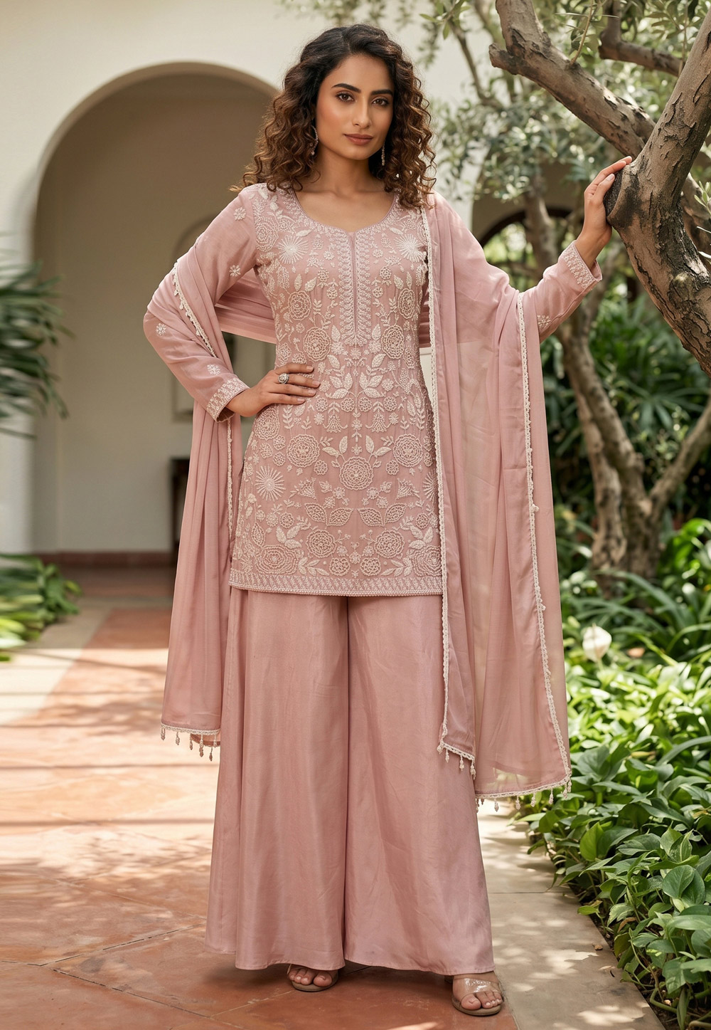 Peach Chinon Readymade Palazzo Suit 329351