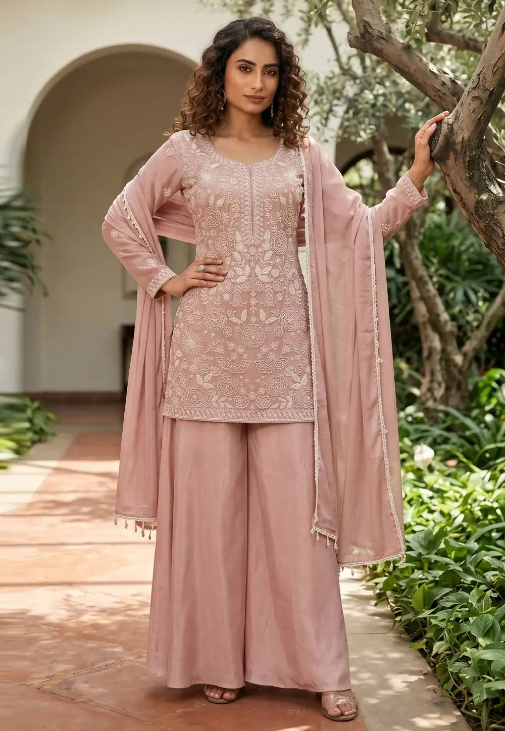 Peach Chinon Readymade Palazzo Suit 329351