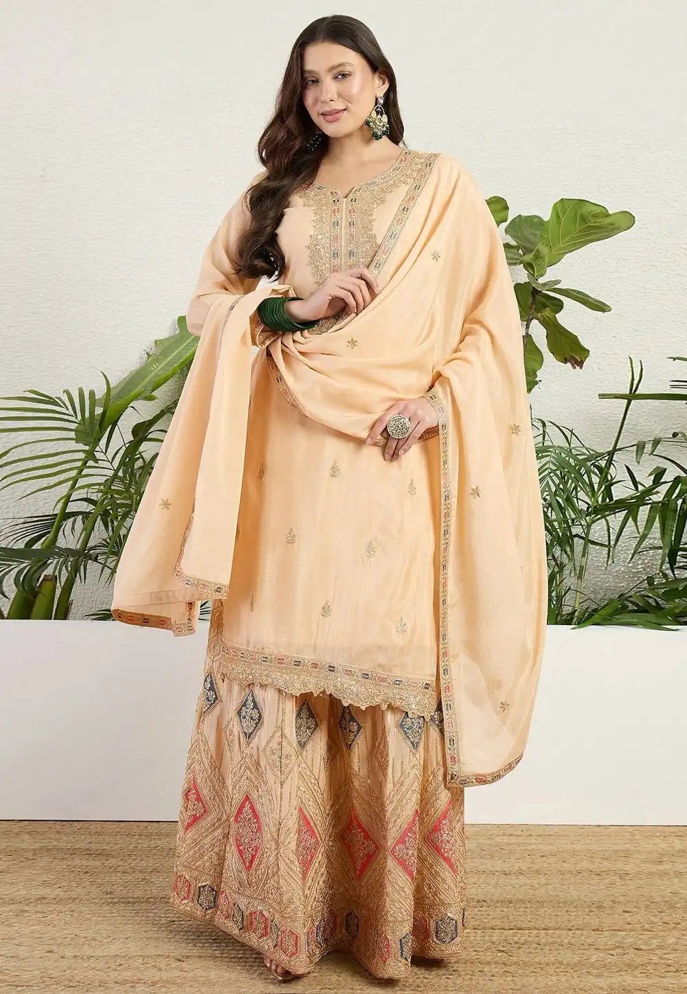 Peach Chinon Readymade Palazzo Suit 330671