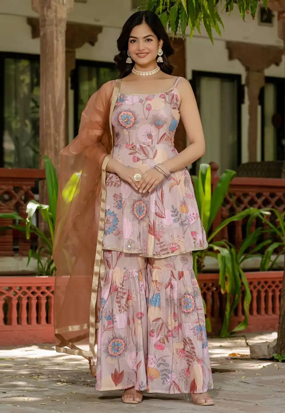 Peach Chinon Readymade Sharara Suit 313902
