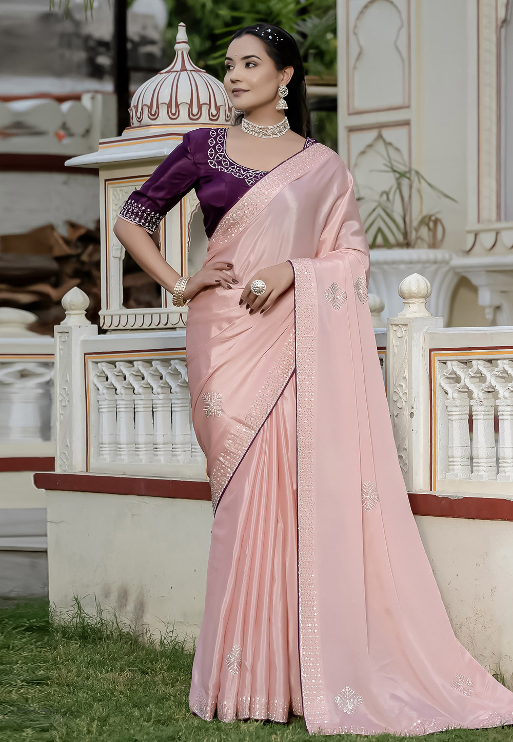 Peach Chinon Saree With Blouse 312066