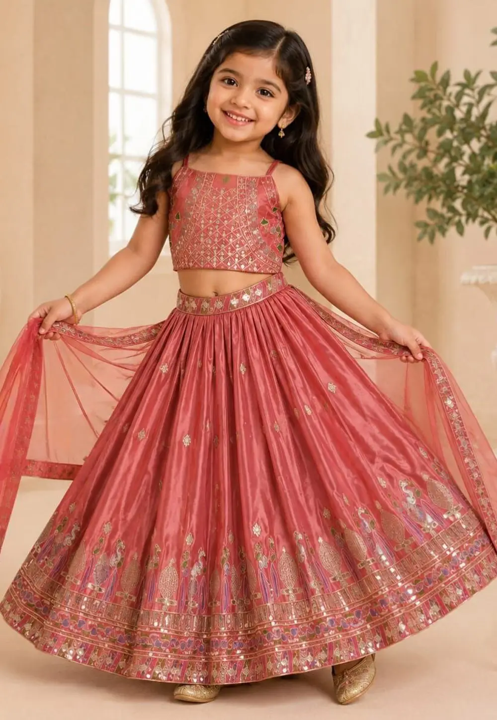 Peach Chinon Silk Kids Lehenga Choli 332825