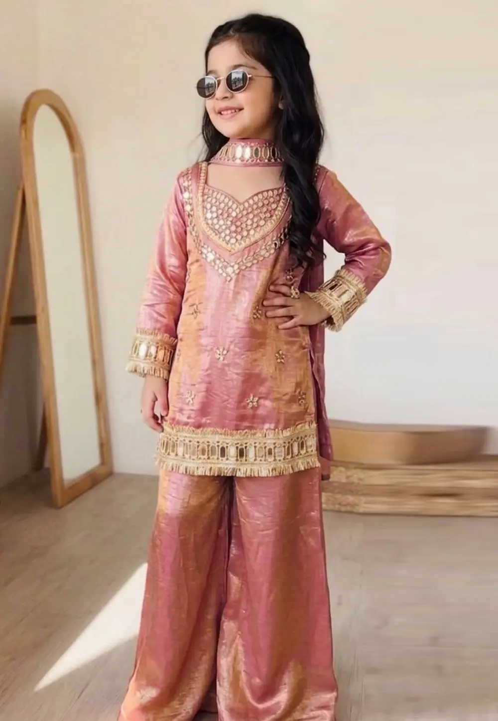 Peach Chinon Silk Kids Palazzo Suit 331788