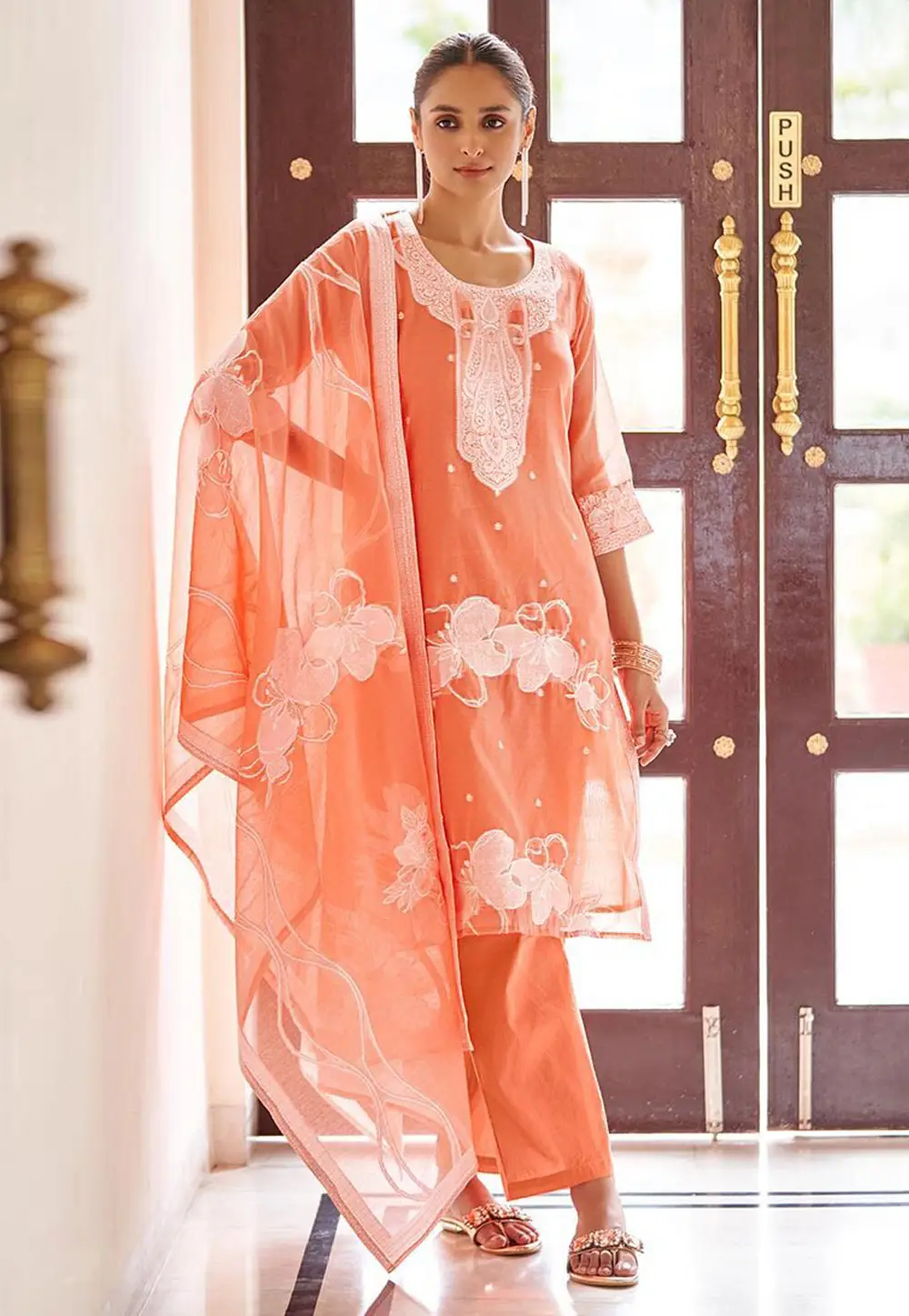 Peach Cotton Jacquard Readymade Pant Style Suit 334179