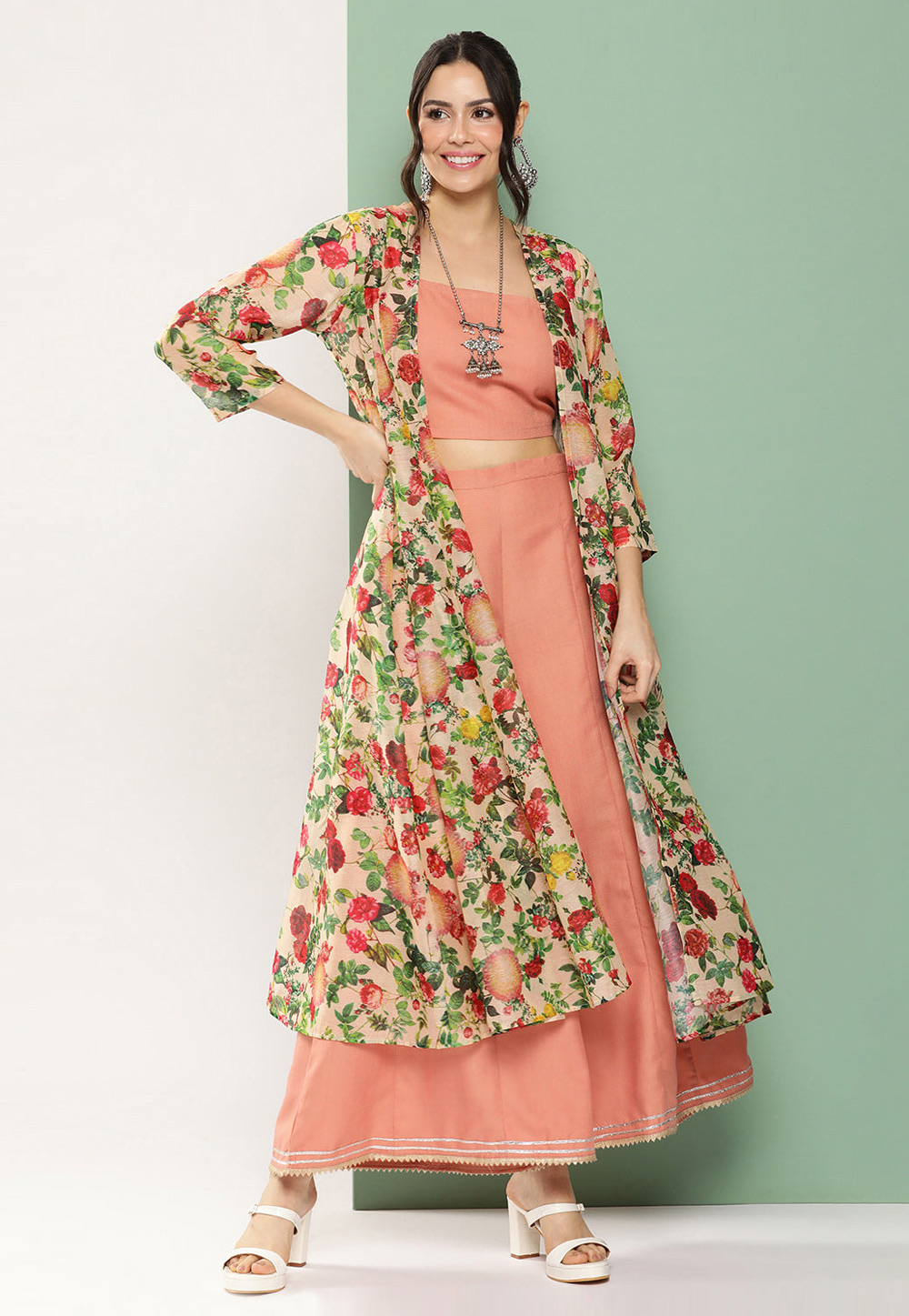 Peach Cotton Kurta Set With Jacket 281419