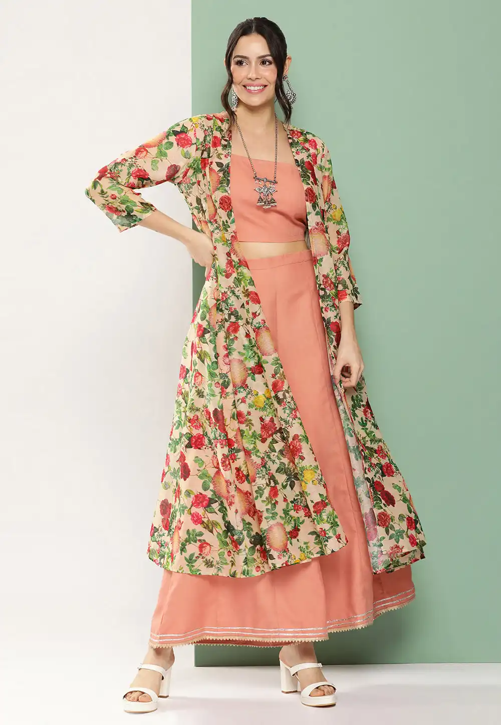 Peach Cotton Kurta Set With Jacket 281419