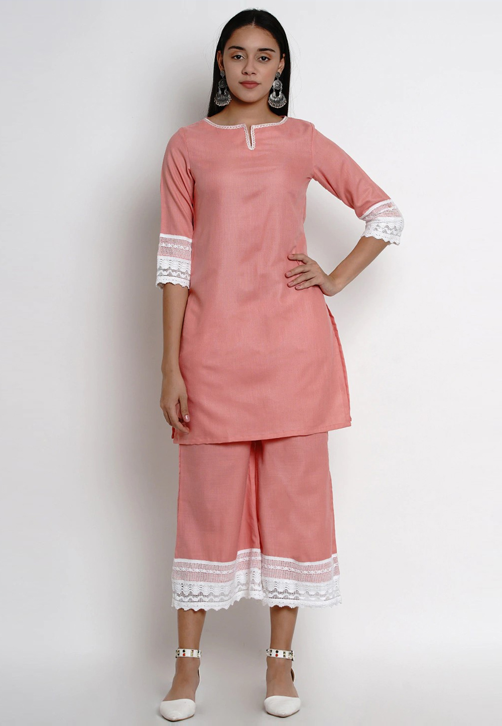 Peach Cotton Kurta Set With Palazzo 281494