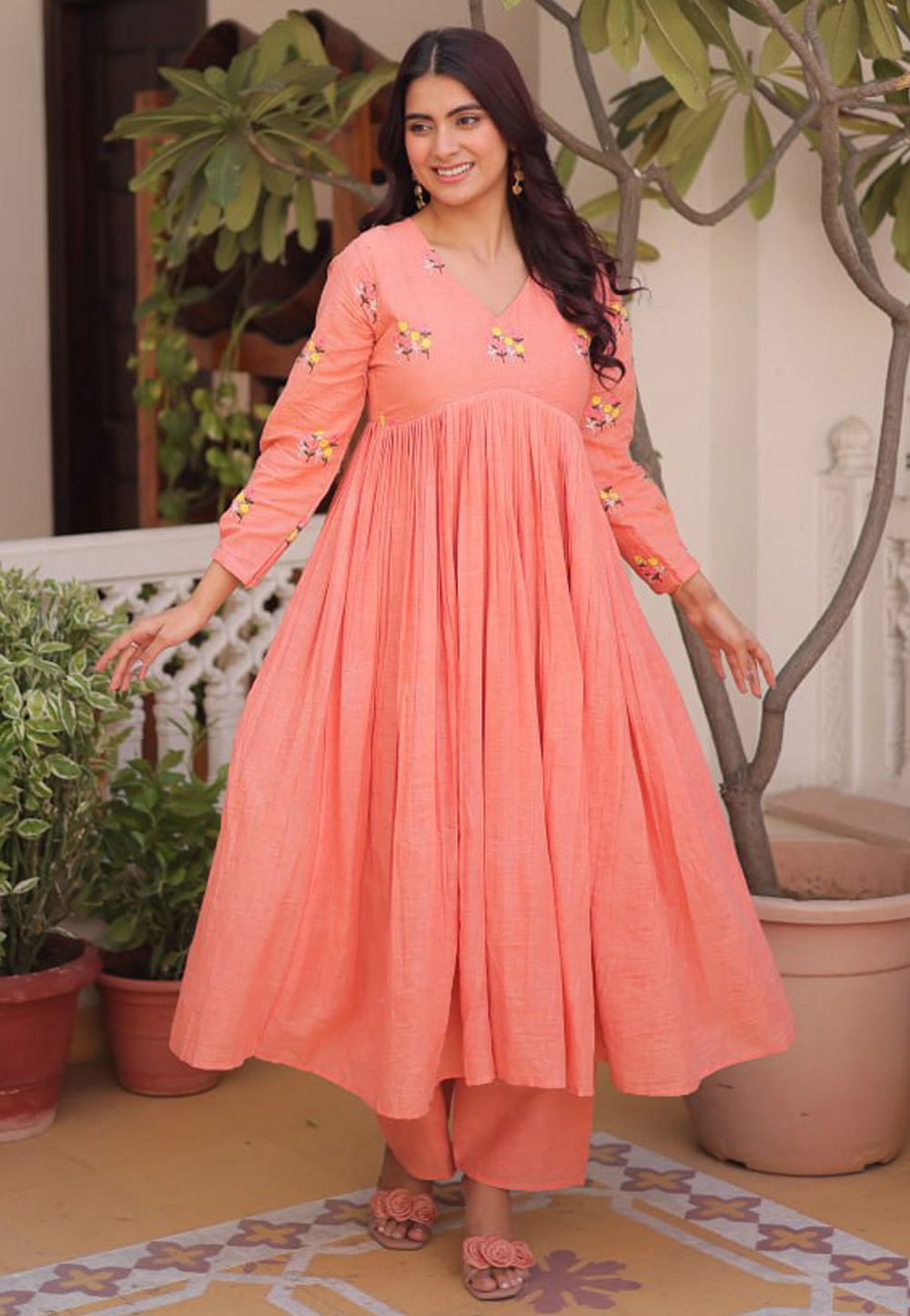 Peach Cotton Kurta Set With Pent 325590