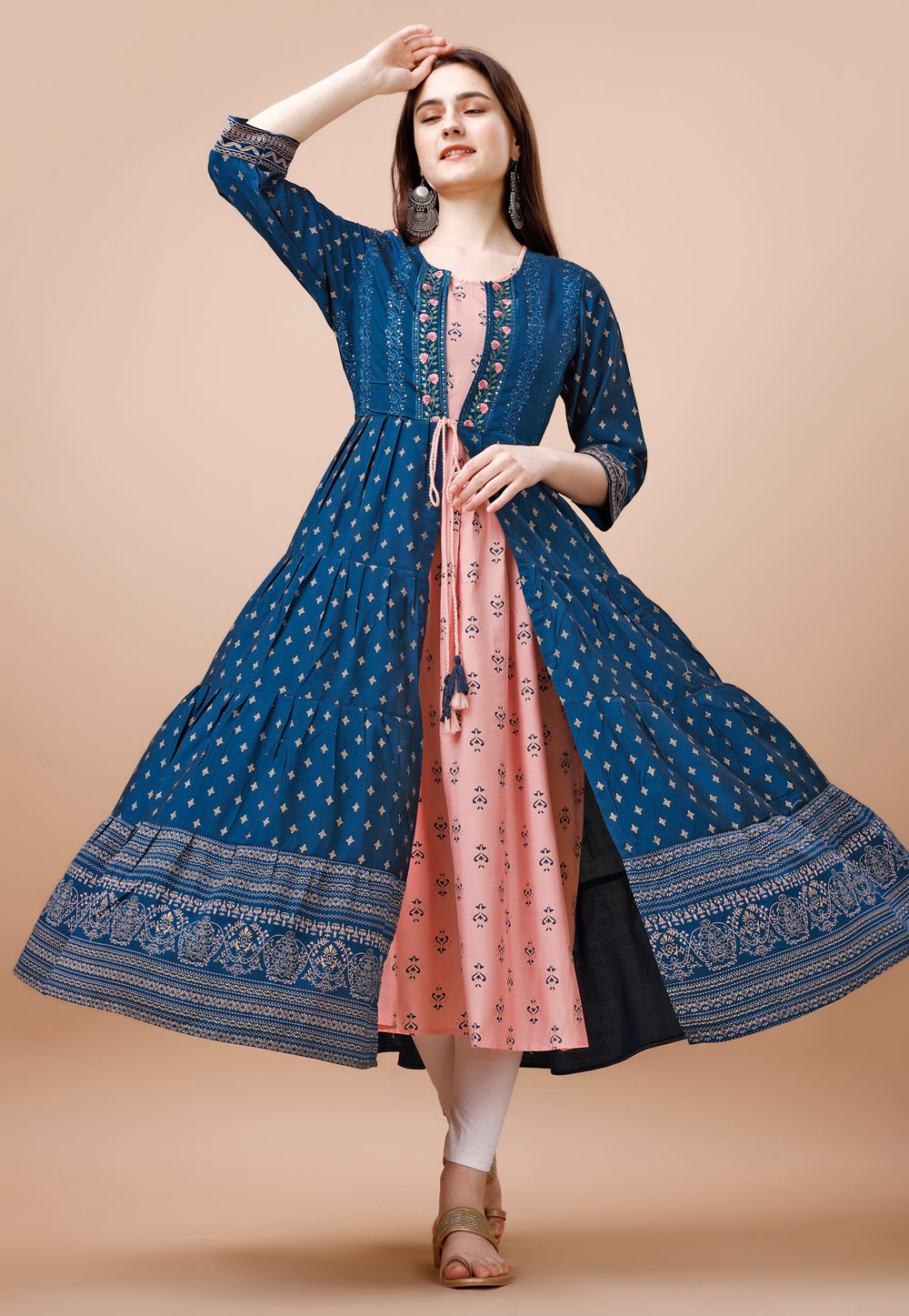 Peach Cotton Long Kurti With Jacket 281220