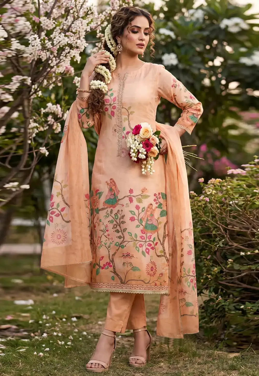 Peach Cotton Pant Style Suit 327468