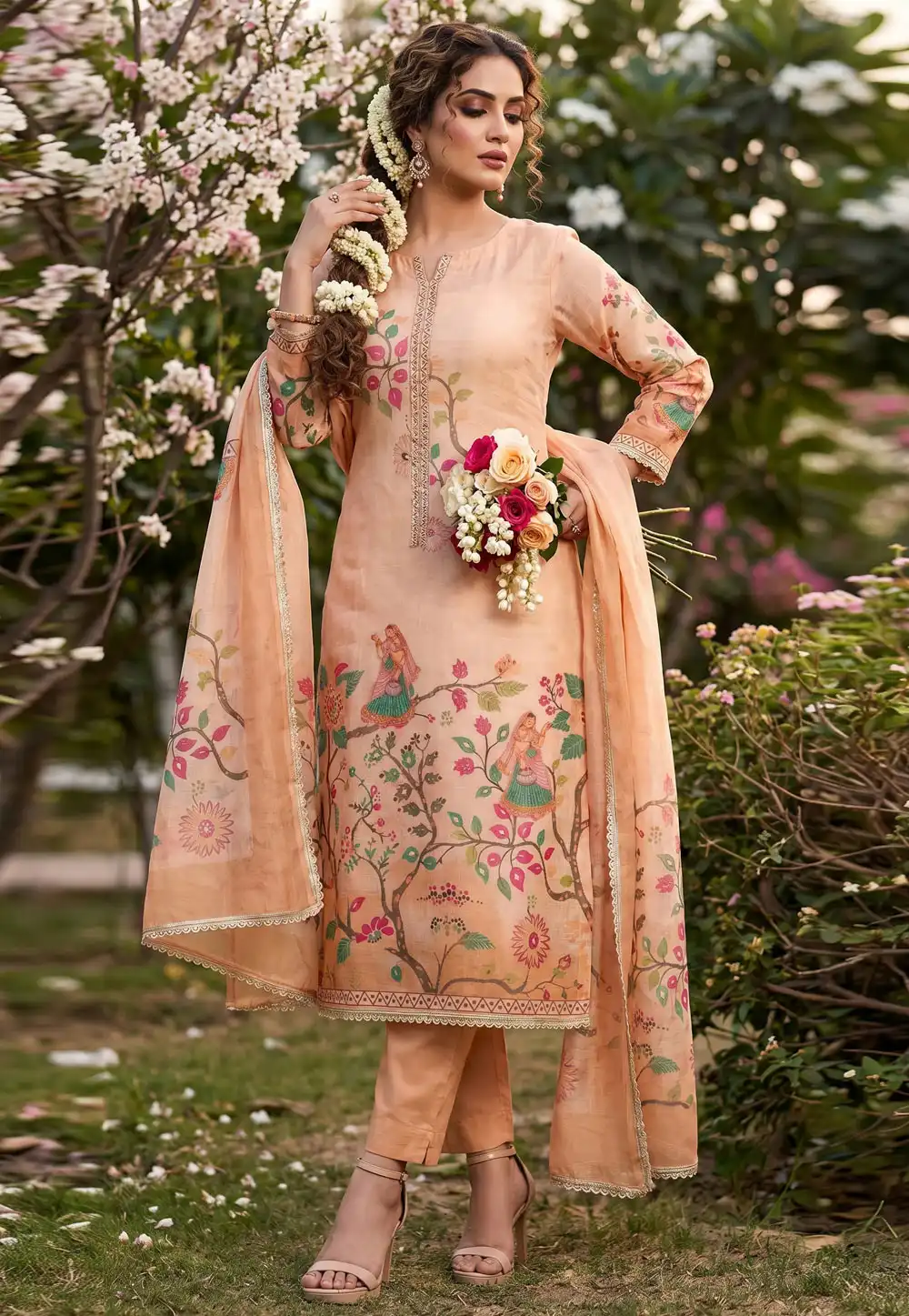 Peach Cotton Pant Style Suit 327468
