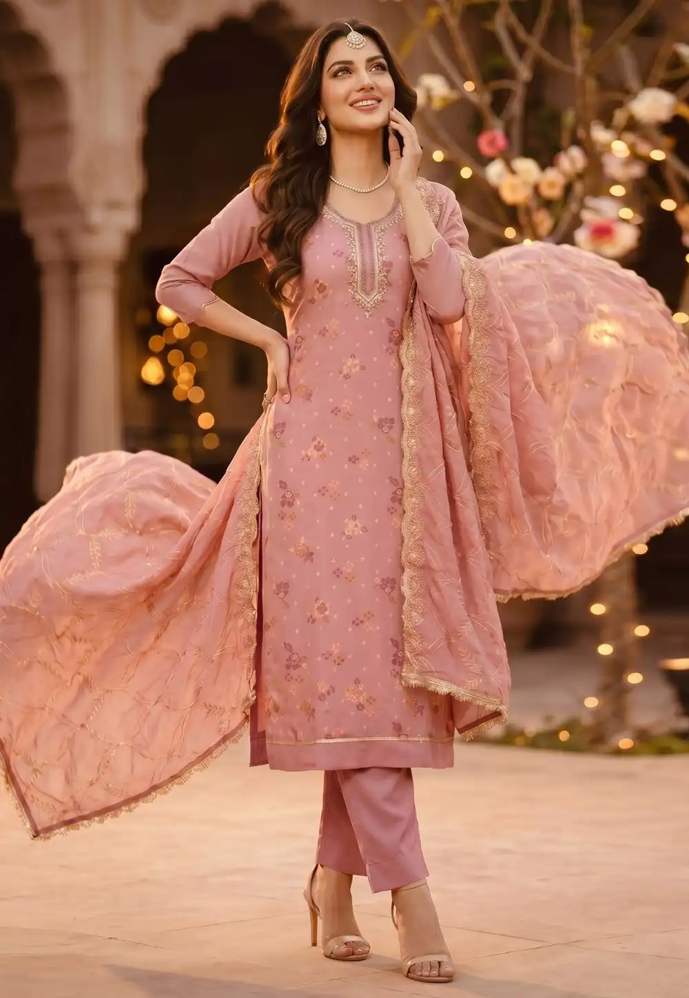 Peach Cotton Pant Style Suit 328378