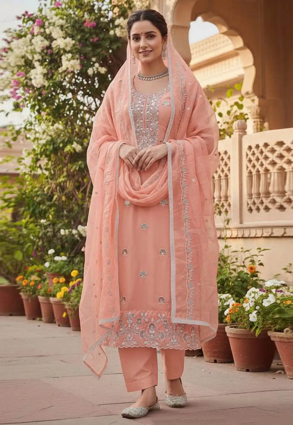 Peach Cotton Pant Style Suit 324133