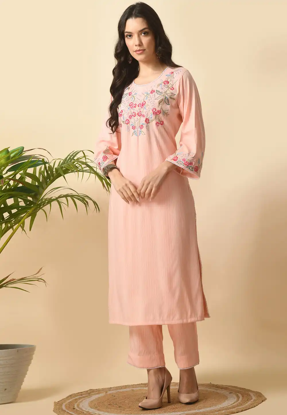 Peach Cotton Rayon Kurta Set With Pant 305485