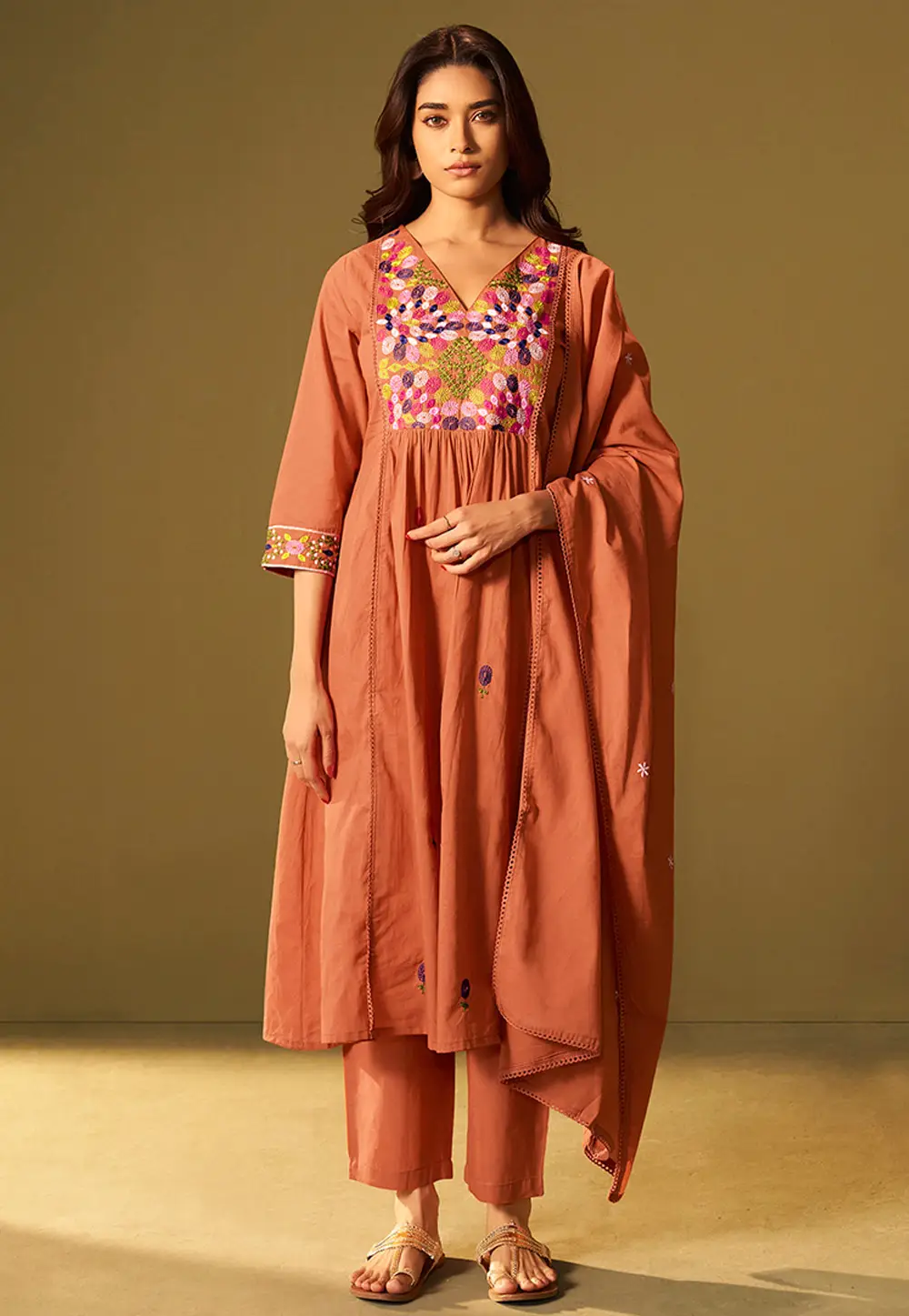 Peach Cotton Readymade Anarkali Suit 334190