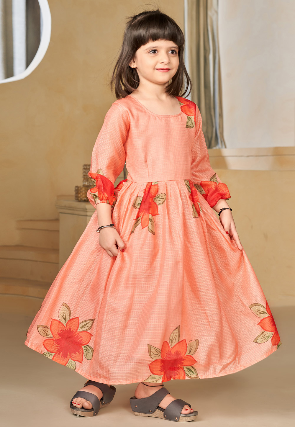 Peach Cotton Readymade Kids Gown 284481