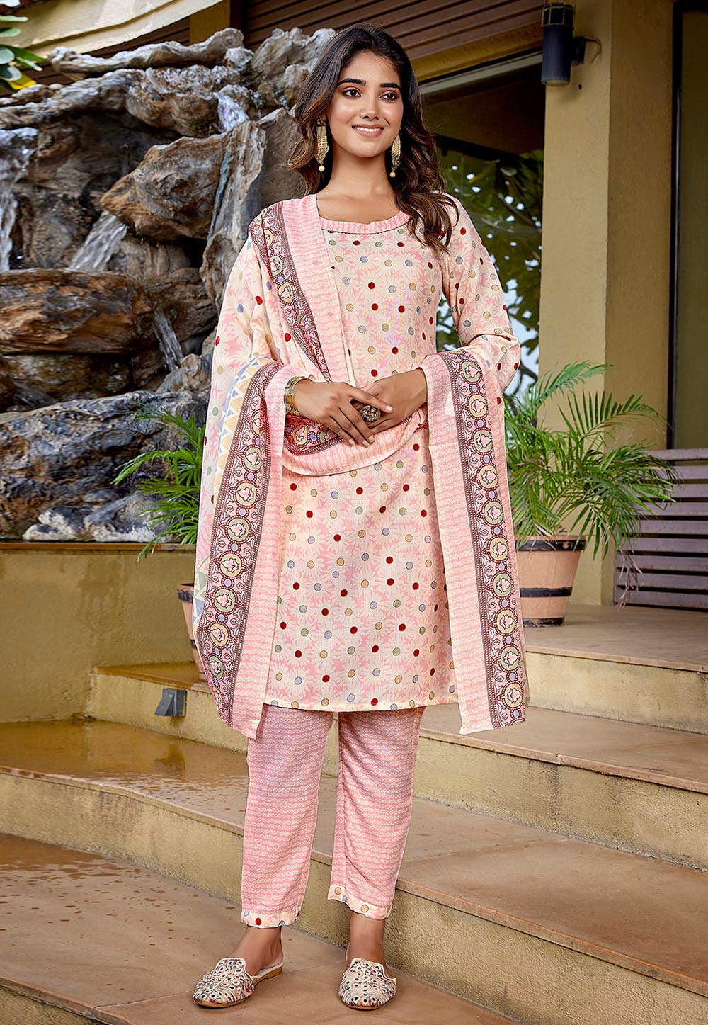 Peach Cotton Readymade Pakistani Suit 308142
