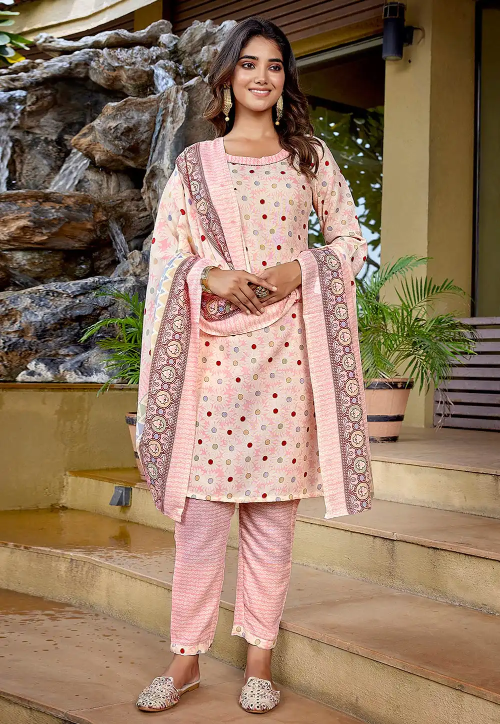 Peach Cotton Readymade Pakistani Suit 308142