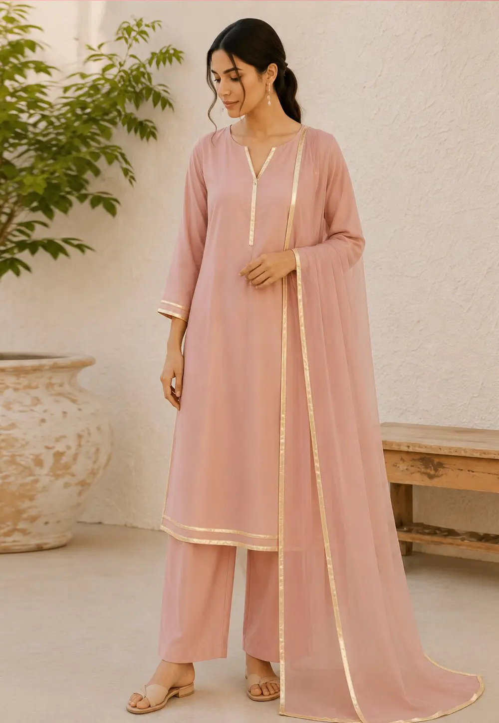 Peach Cotton Readymade Palazzo Suit 332479