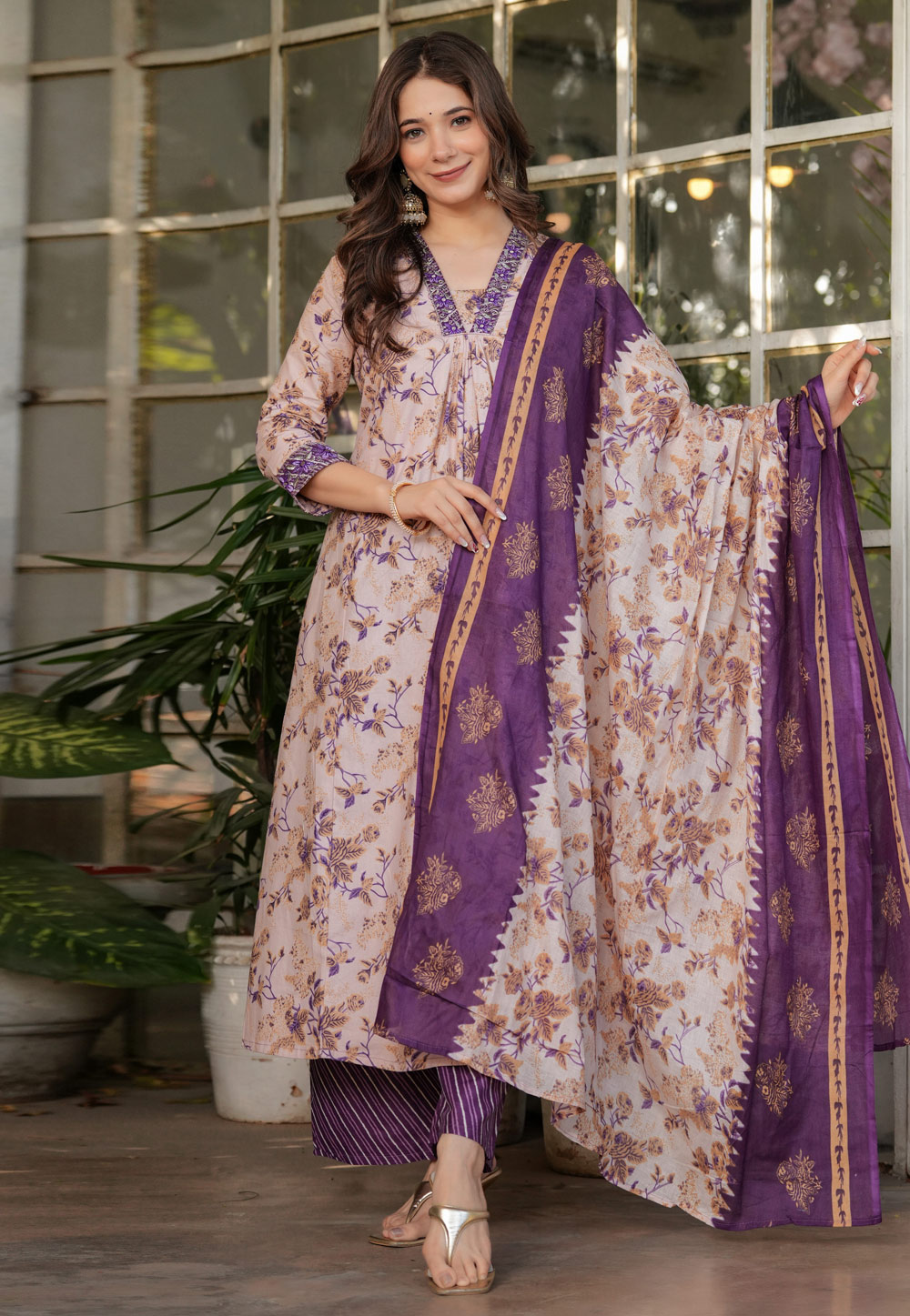 Peach Cotton Readymade Palazzo Suit 312360